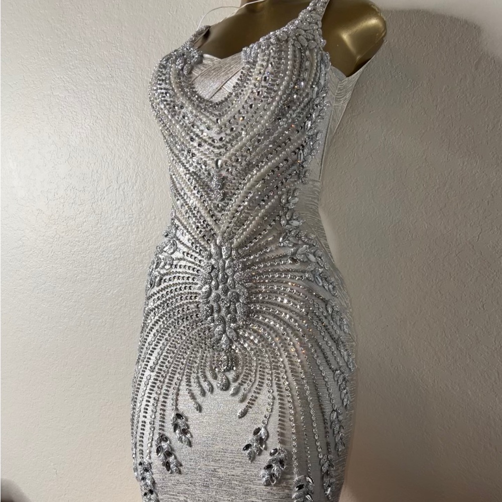Silver Custom Rhinestone Embellished Dress with mermaid Bottom .